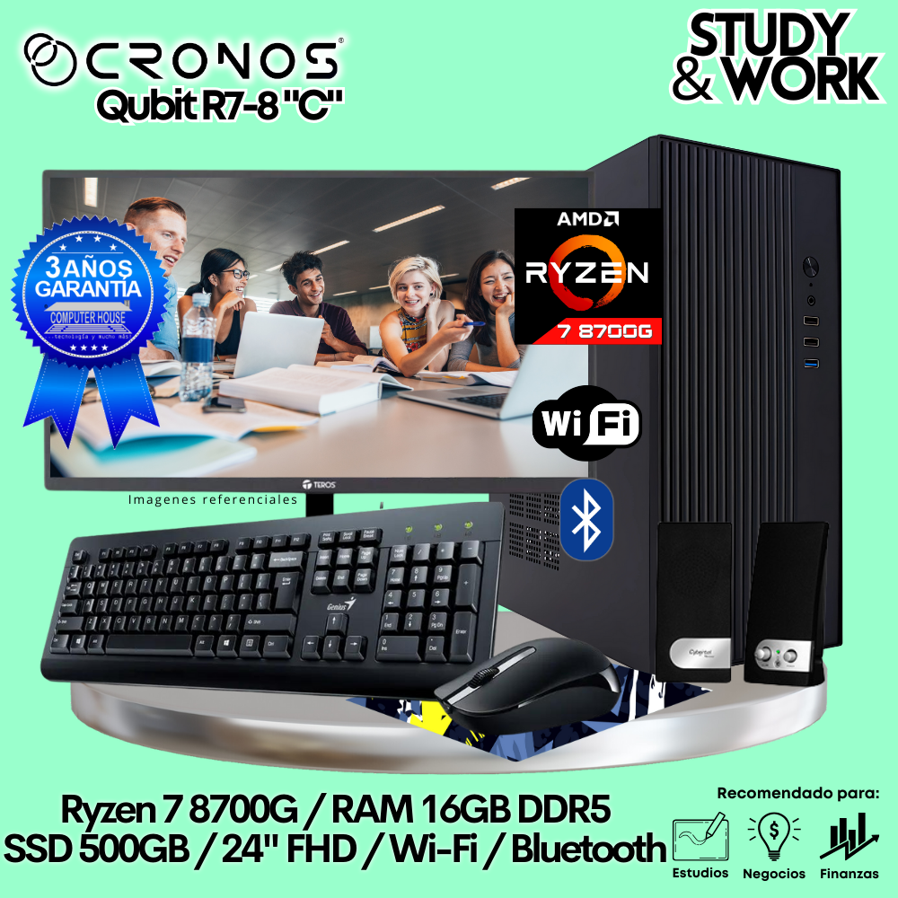 PC CRONOS Qubit R7-8 "C", 16GB DDR5 RAM, 500GB SSD, 24″ FHD Monitor, Wi-Fi, Keyboard + Mouse Kit, Speakers or Headphones.