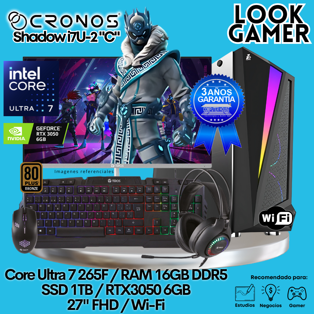PC Look Gamer CRONOS Shadow U7-2 "C", RAM 16GB DDR5, SSD 1TB, RTX3050 6GB, Monitor 27″ FHD, Wi-Fi.