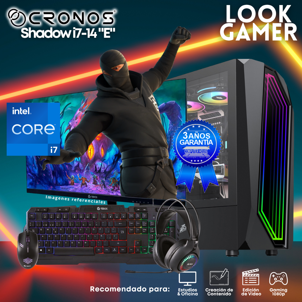 PC Look Gamer CRONOS Shadow i7-14 "E", RAM 8GB DDR5, SSD 500GB, Monitor 24″ FHD.