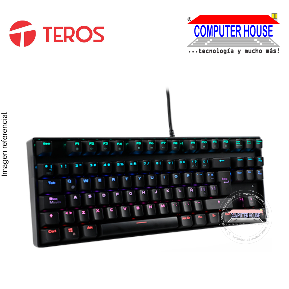 TEROS Teclado mecánico TE-4153, TKL, Gamer, Negro, Switch Azul, RGB, USB.