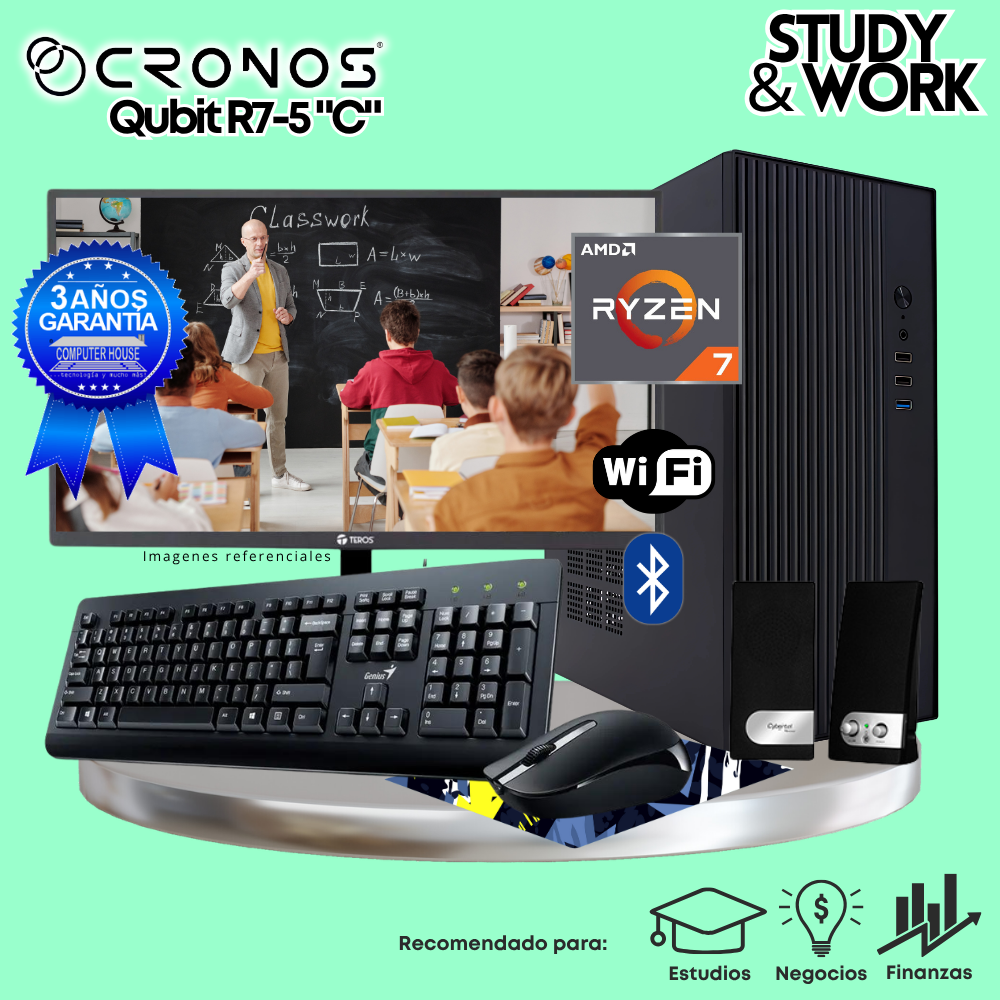 PC CRONOS Qubit R7-5 "C", RAM 16GB, SSD 500GB, Monitor 24″ FHD, Wi-Fi & Bluetooth, Kit Teclado + Mouse, Parlantes o Audífono.