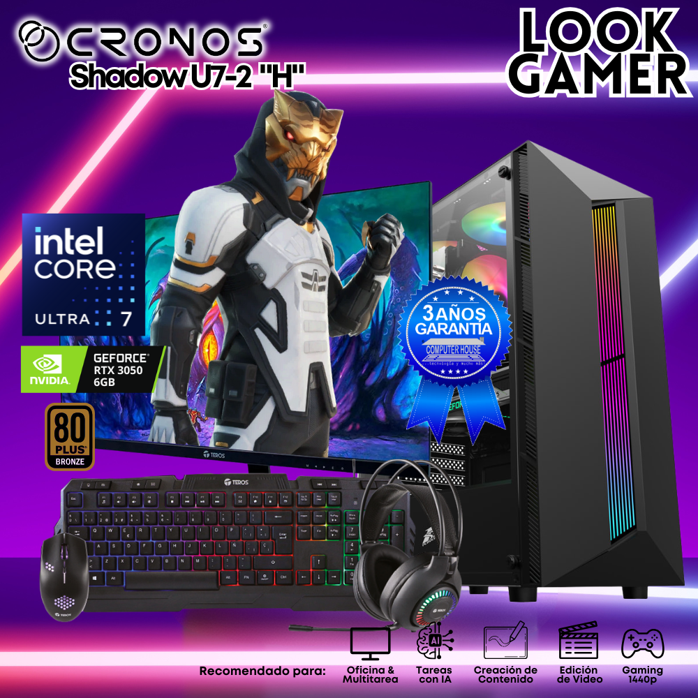 PC Look Gamer CRONOS Shadow U7-2 "H", RAM 16GB DDR5, SSD 1TB, RTX3050 6GB, Monitor 27″ FHD.