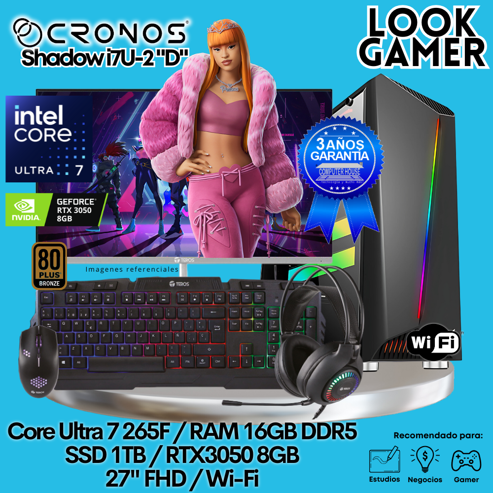 PC Look Gamer CRONOS Shadow U7-2 "D", RAM 16GB DDR5, SSD 1TB, RTX3050 8GB, Monitor 27″ FHD, Wi-Fi.