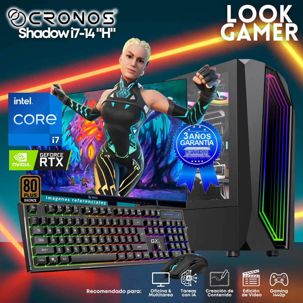 PC Look Gamer CRONOS Shadow i7-14 "H", RAM 16GB DDR5, SSD 500GB, Nvidia GeForce RTX3050 6GB, Monitor 27″ FHD.