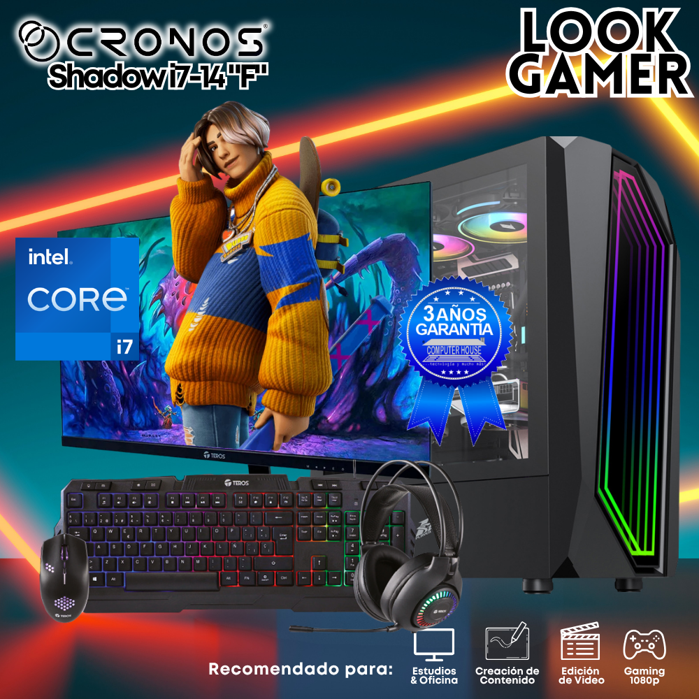 PC Look Gamer CRONOS Shadow i7-14 "F", RAM 16GB DDR5, SSD 500GB, Monitor 24″ FHD.