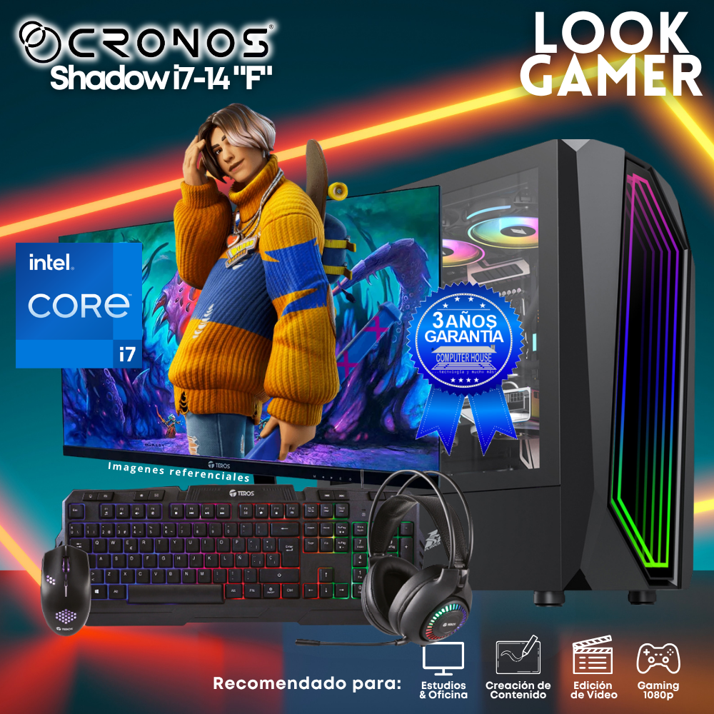 PC Look Gamer CRONOS Shadow i7-14 "F", RAM 16GB DDR5, SSD 500GB, Monitor 24″ FHD.
