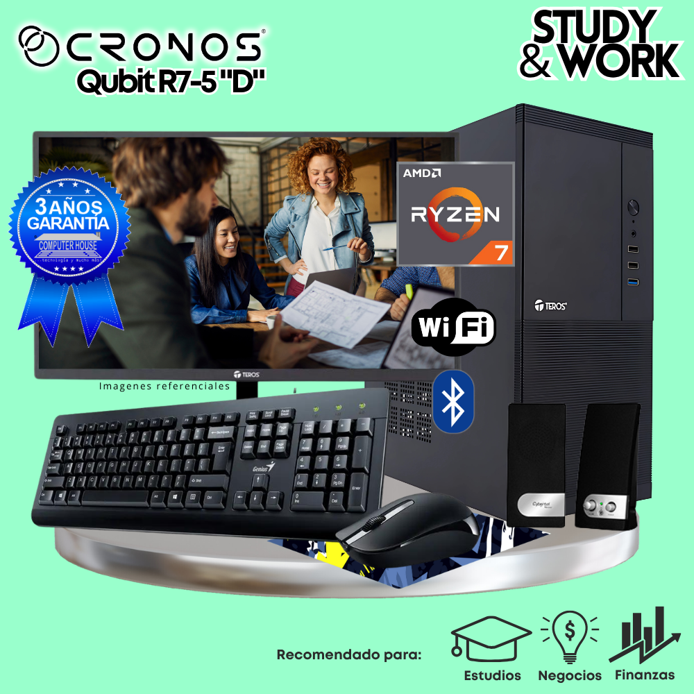 PC CRONOS Qubit R7-5 "D", RAM 16GB, SSD 1TB, Monitor 27″ FHD, Wi-Fi & Bluetooth, Kit Teclado + Mouse, Parlantes o Audífono.
