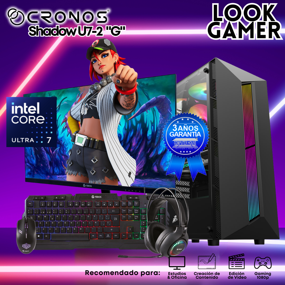 PC Look Gamer CRONOS Shadow U7-2 "G", RAM 16GB DDR5, SSD 1TB, Monitor 27″ FHD.