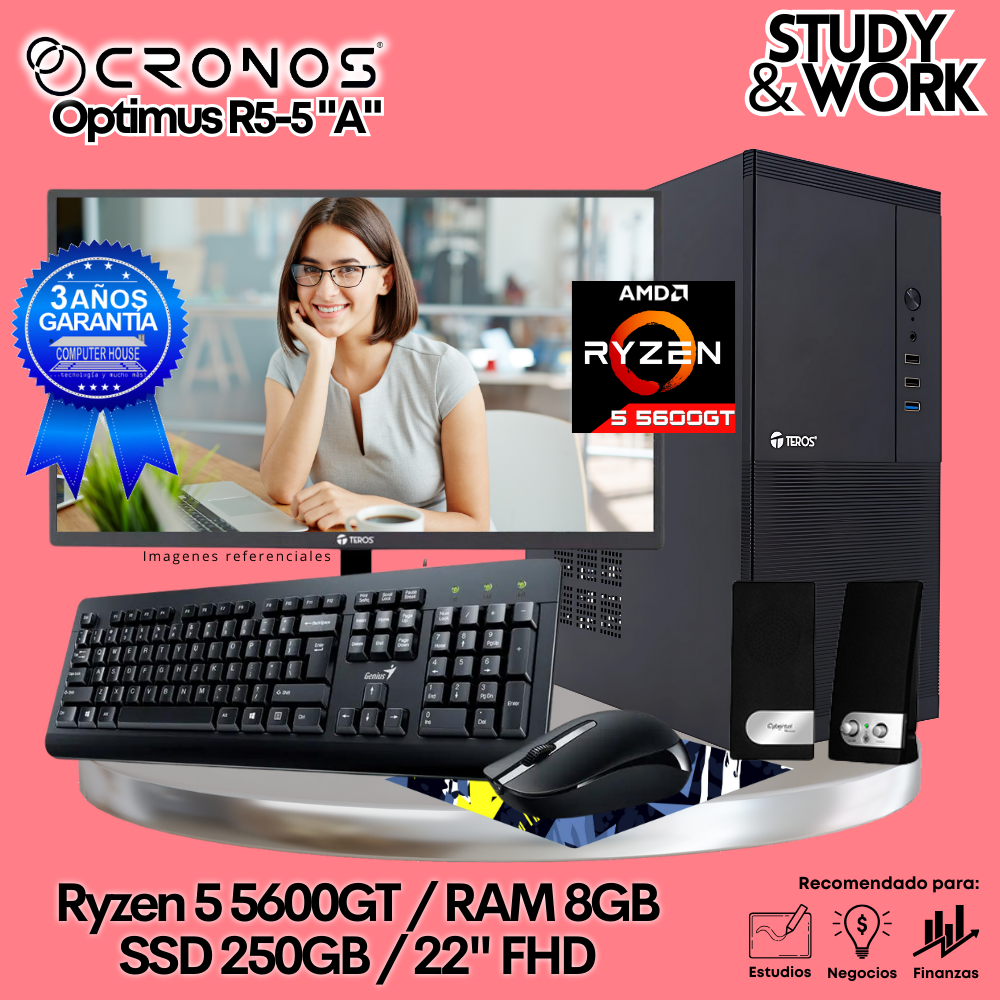 PC CRONOS Optimus R5-5 "A", RAM 8GB, SSD 250GB, Monitor 22″ FHD, Kit Teclado + Mouse, Parlantes o Audífono.