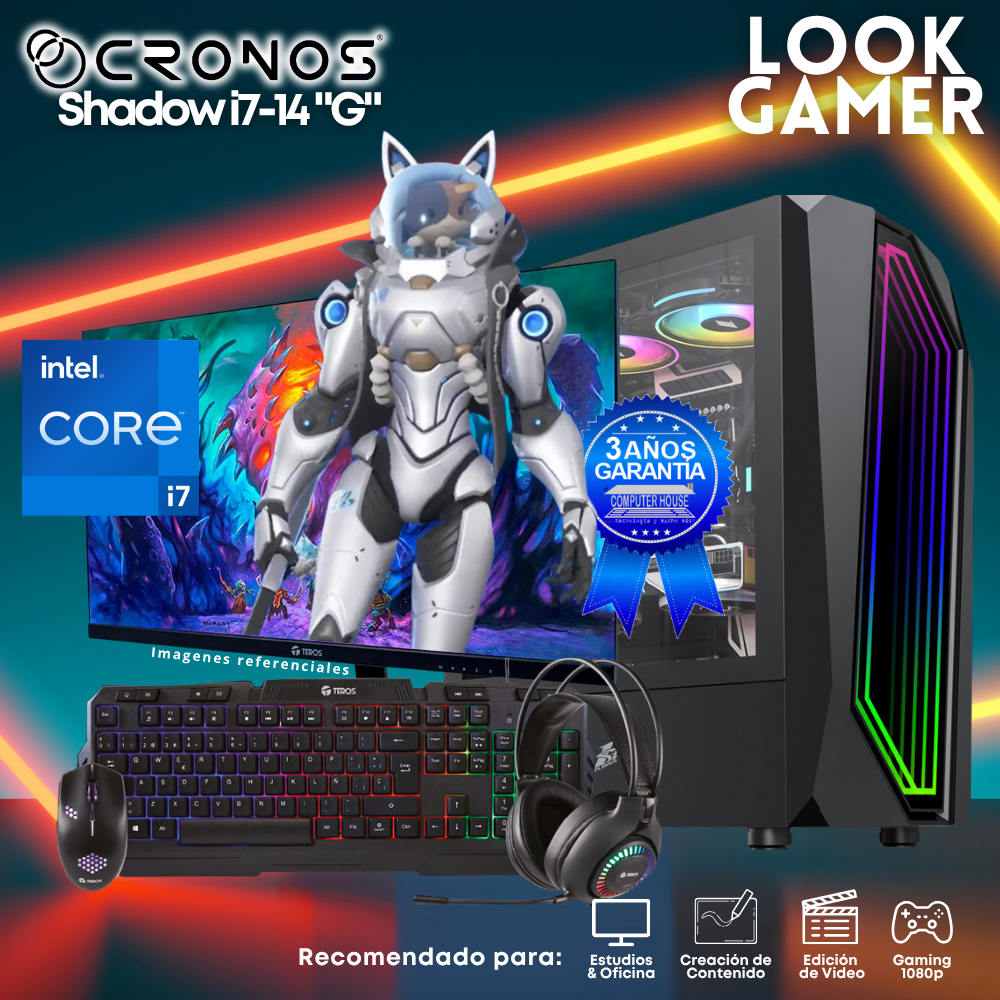 PC Look Gamer CRONOS Shadow i7-14 "G", RAM 16GB DDR5, SSD 1TB, Monitor 27″ FHD.