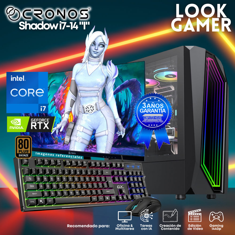 PC Look Gamer CRONOS Shadow i7-14 "I", RAM 16GB DDR5, SSD 1TB, Nvidia GeForce RTX5050 8GB, Monitor 27″ FHD.