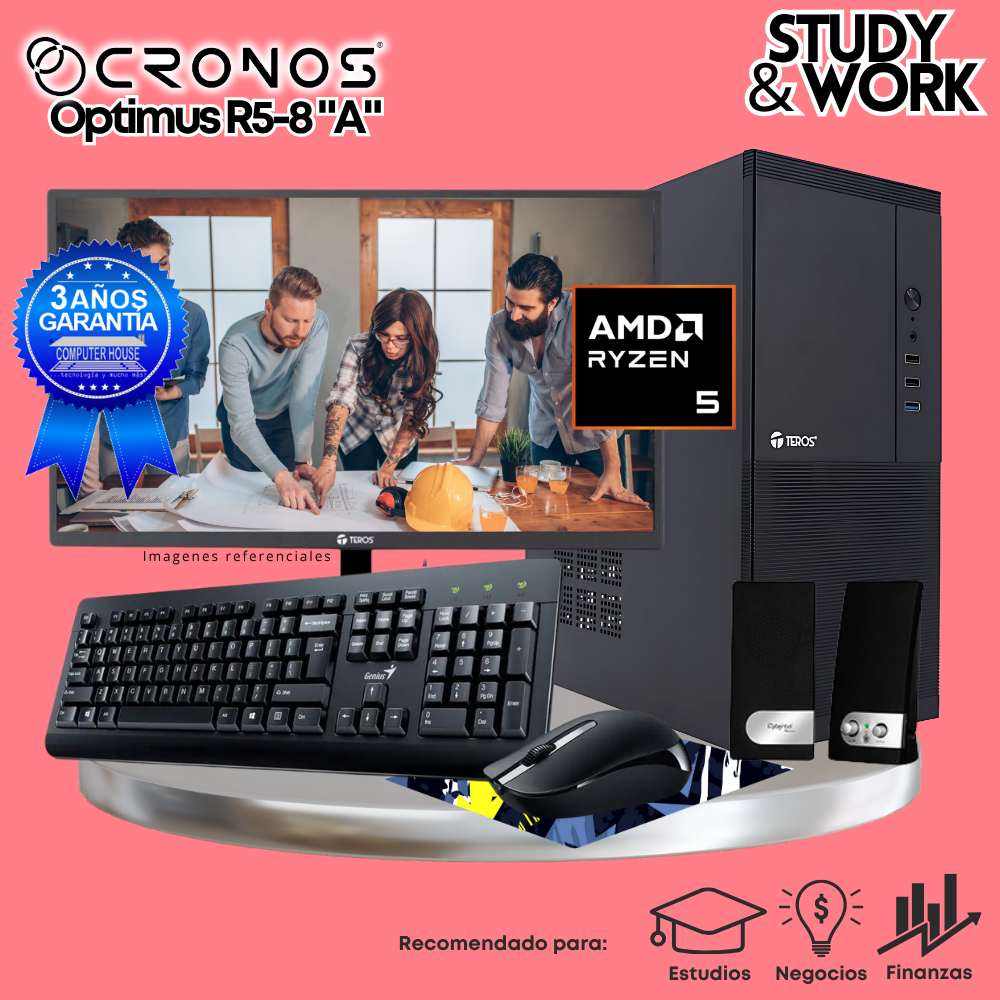 PC CRONOS Optimus R5-8 "A", RAM 8GB DDR5, SSD 500GB, Monitor 24″ FHD, Kit Teclado + Mouse, Parlantes o Audífono.