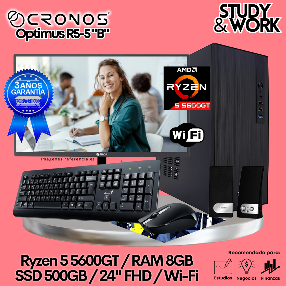 PC CRONOS Optimus R5-5 "B", 8GB RAM, 500GB SSD, 24″ FHD Monitor, Wi-Fi, Keyboard + Mouse Kit, Speakers or Headphones.