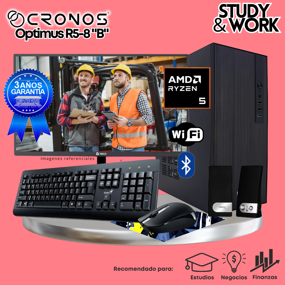 PC CRONOS Optimus R5-8 "B", RAM 8GB DDR5, SSD 500GB, Monitor 24″ FHD, Wi-Fi & Bluetooth, Kit Teclado + Mouse, Parlantes o Audífono.