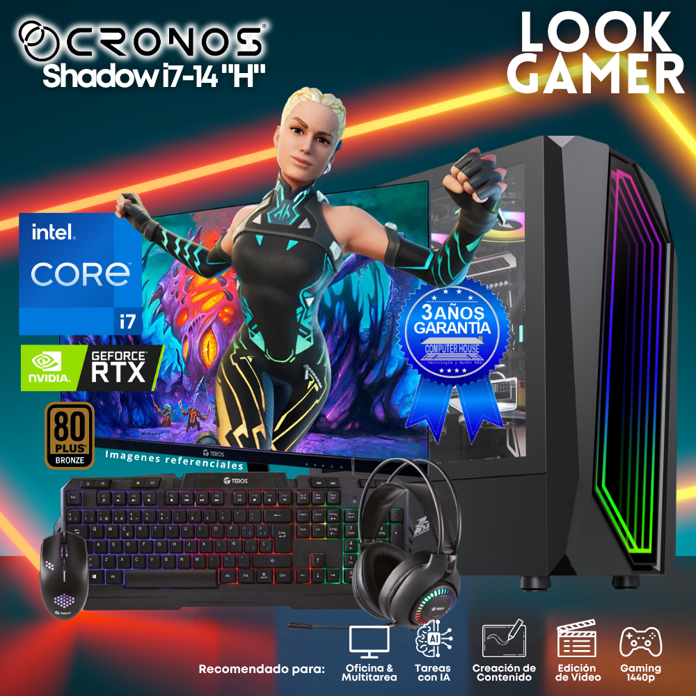 PC Look Gamer CRONOS Shadow i7-14 "H", RAM 16GB DDR5, SSD 500GB, Nvidia GeForce RTX3050 6GB, Monitor 27″ FHD.