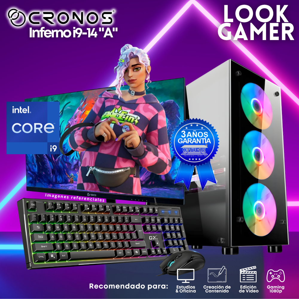 PC Look Gamer CRONOS Inferno i9-14 "A", RAM 8GB DDR5, SSD 500GB, Monitor 24″ FHD.