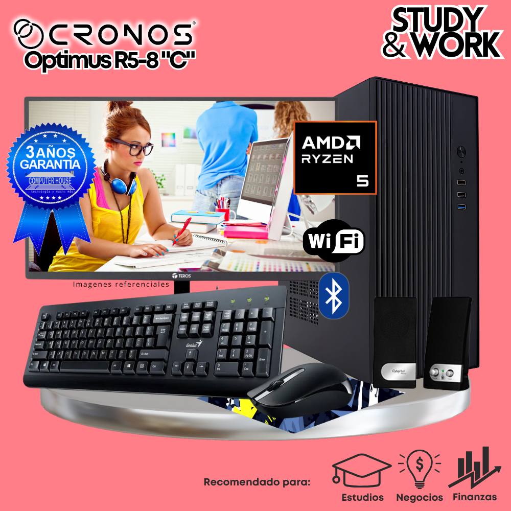 PC CRONOS Optimus R5-8 "C", RAM 16GB DDR5, SSD 500GB, Monitor 24″ FHD, Wi-Fi & Bluetooth, Kit Teclado + Mouse, Parlantes o Audífono.