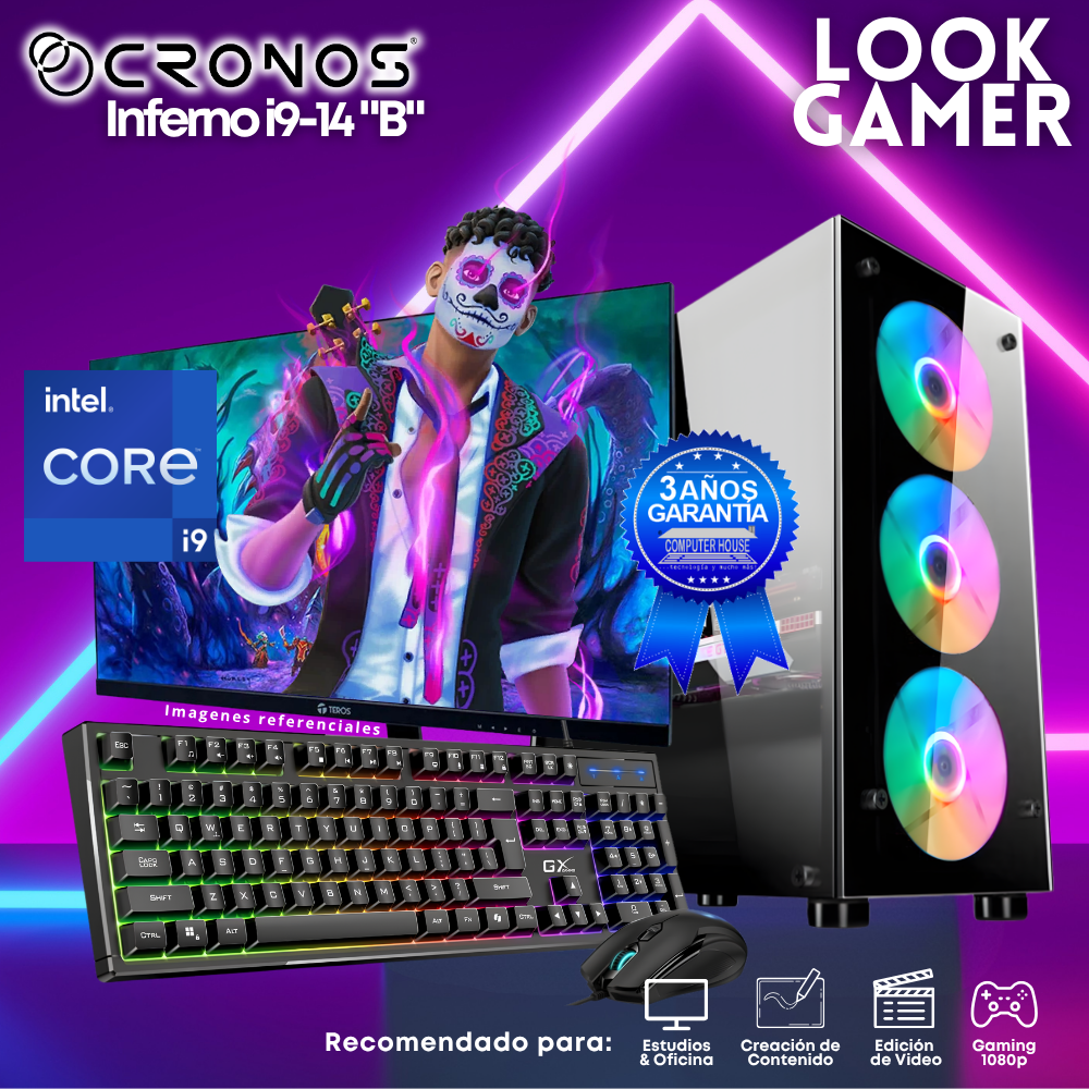 PC Look Gamer CRONOS Inferno i9-14 "B", RAM 16GB DDR5, SSD 500GB, Monitor 24″ FHD.