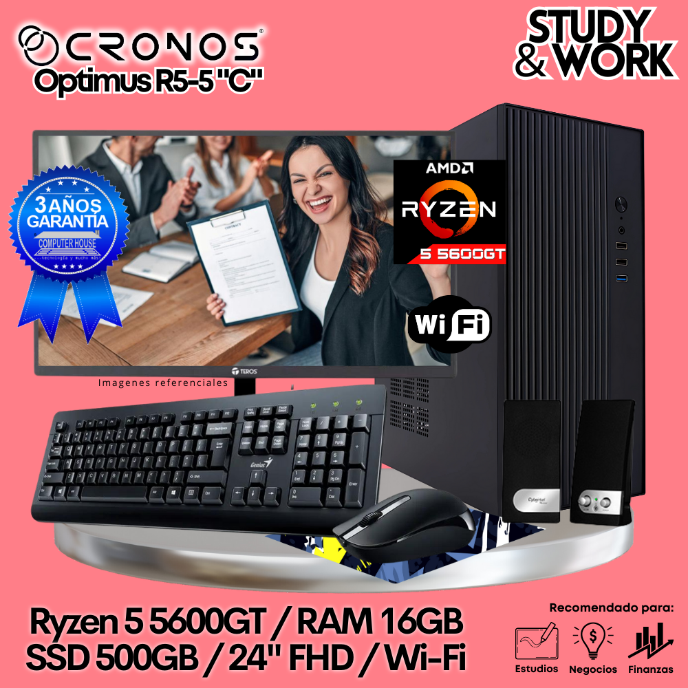 PC CRONOS Optimus R5-5 "C", 16GB RAM, 500GB SSD, 24″ FHD Monitor, Wi-Fi, Keyboard + Mouse Kit, Speakers or Headphones.