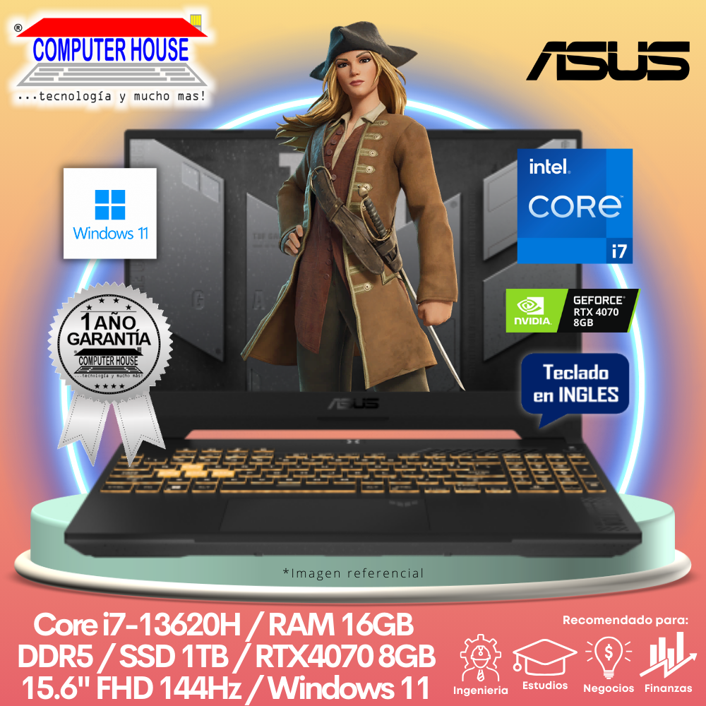ASUS Tuf FX507VI Laptop, Core i7-13620H, RAM 16GB DDR5, 1TB SSD, RTX4070 8GB, 15.6" FHD 144Hz, English Keyboard, Windows 11.