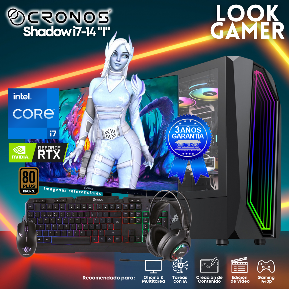 PC Look Gamer CRONOS Shadow i7-14 "I", RAM 16GB DDR5, SSD 1TB, Nvidia GeForce RTX5050 8GB, Monitor 27″ FHD.