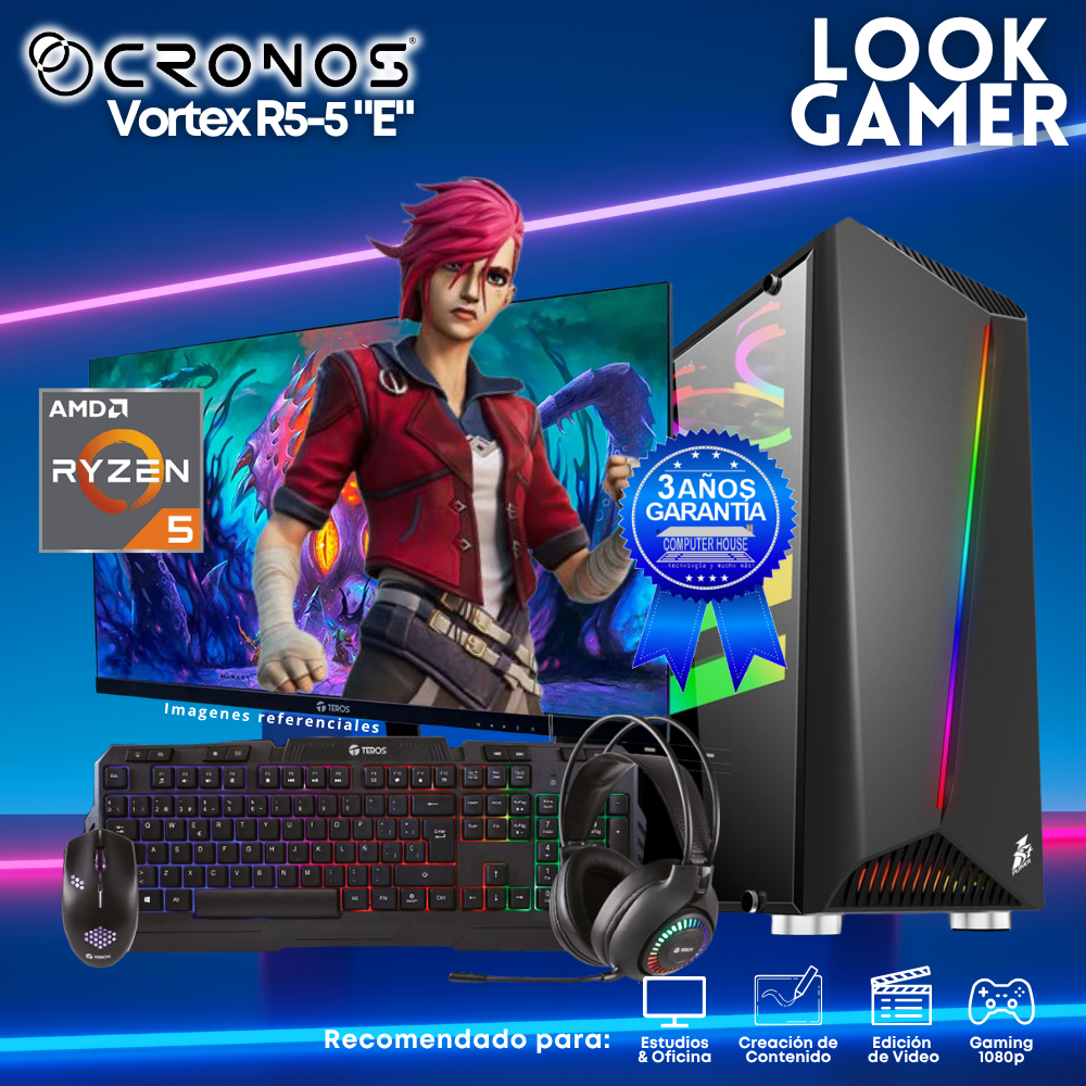 PC Look Gamer CRONOS Vortex R5-5 "E", RAM 8GB, SSD 500GB, Monitor 24″ FHD.
