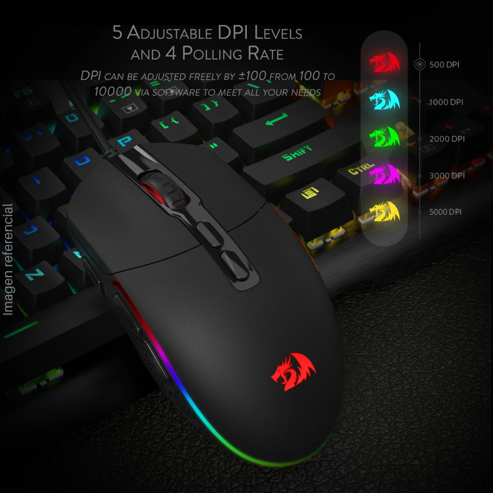 REDRAGON M719 Invader Wired Gaming Mouse, 10000 DPI, 8 Buttons, Black.