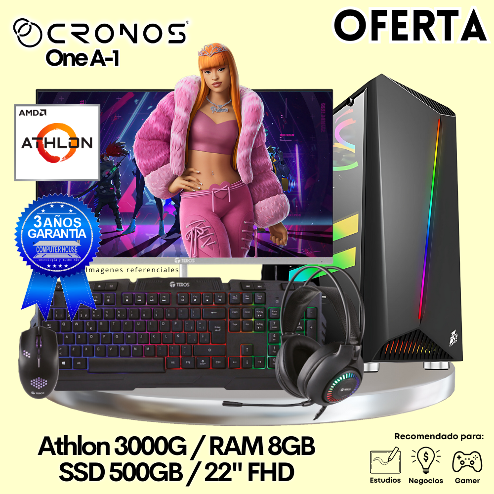 OFERTA: PC Look Gamer CRONOS One A-1, RAM 8GB, SSD 500GB, Monitor 22″ FHD.