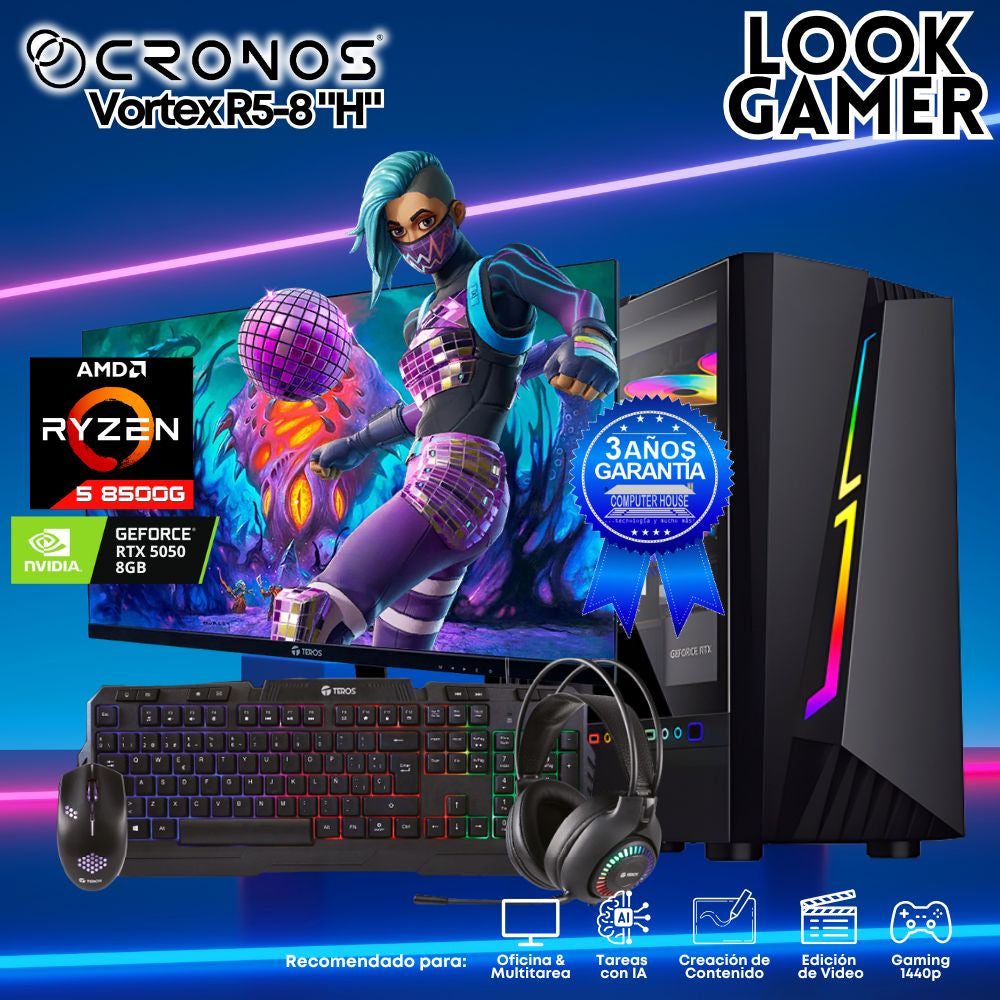 PC Look Gamer CRONOS Vortex R5-8 "H", RAM 16GB, SSD 1TB, Monitor 27″ FHD, Nvidia GeForce RTX5050 8GB.