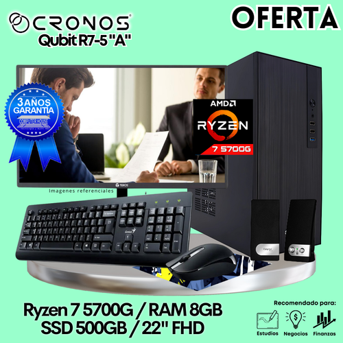 OFERTA: PC CRONOS Qubit R7-5700G, RAM 8GB, SSD 500GB, Monitor 22″ FHD, Kit Teclado + Mouse, Parlantes o Audífonos.