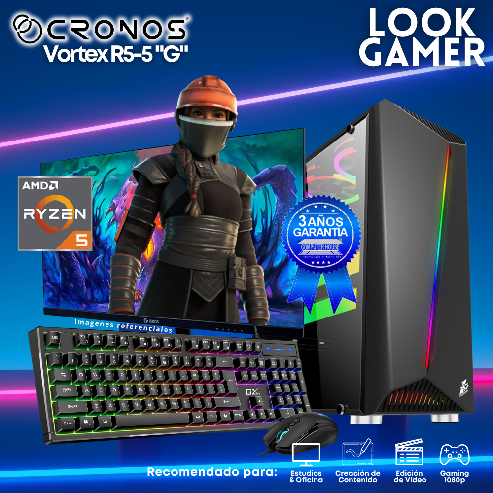 PC Look Gamer CRONOS Vortex R5-5 "G", RAM 16GB, SSD 1TB, Monitor 27″ FHD.