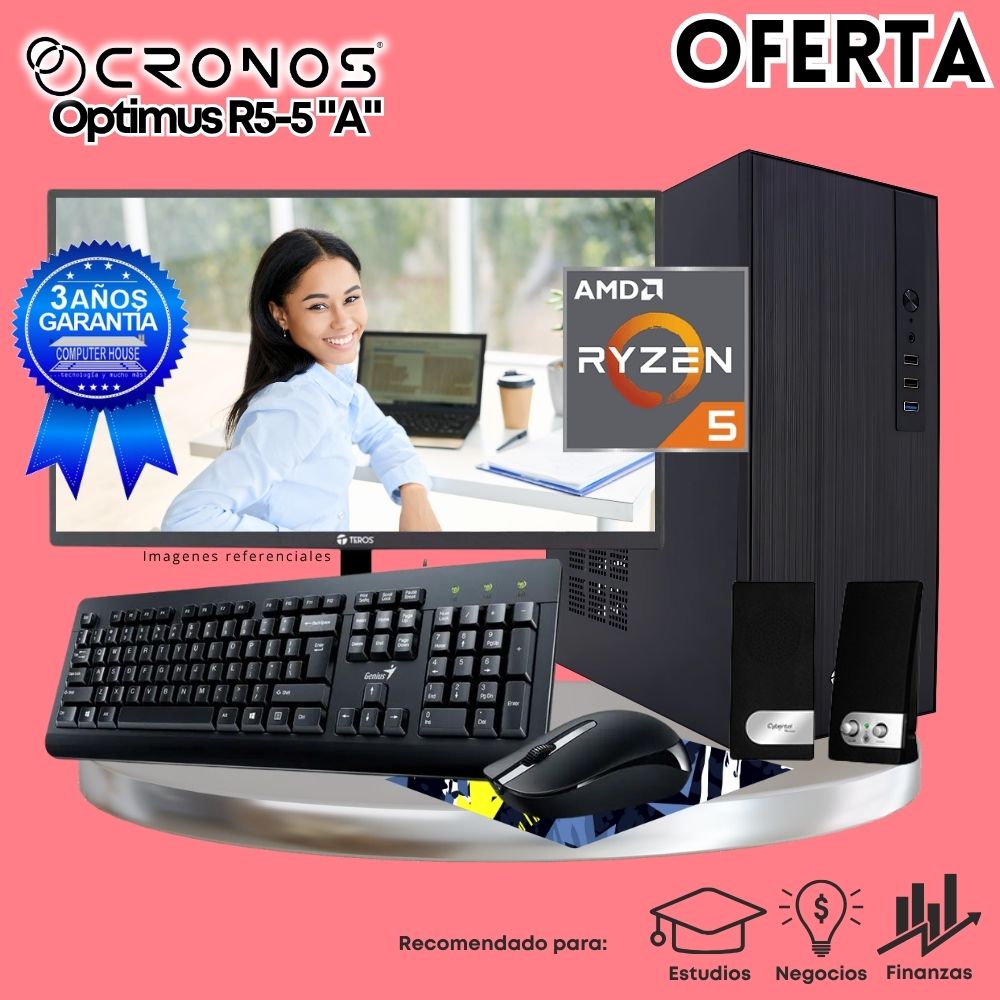 OFERTA: PC CRONOS Optimus R5-5 "A", RAM 8GB, SSD 250GB, Monitor 24″ FHD, Kit Teclado + Mouse, Parlantes.