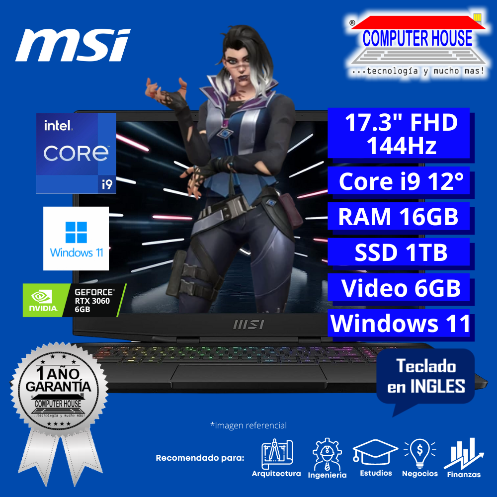 Laptop MSI Stealth GS77, Core i9-12900H, RAM 16GB, SSD 1TB, Video RTX 3060 6GB, 17.3″ FHD 144Hz, Teclado en Inglés, Windows 11.