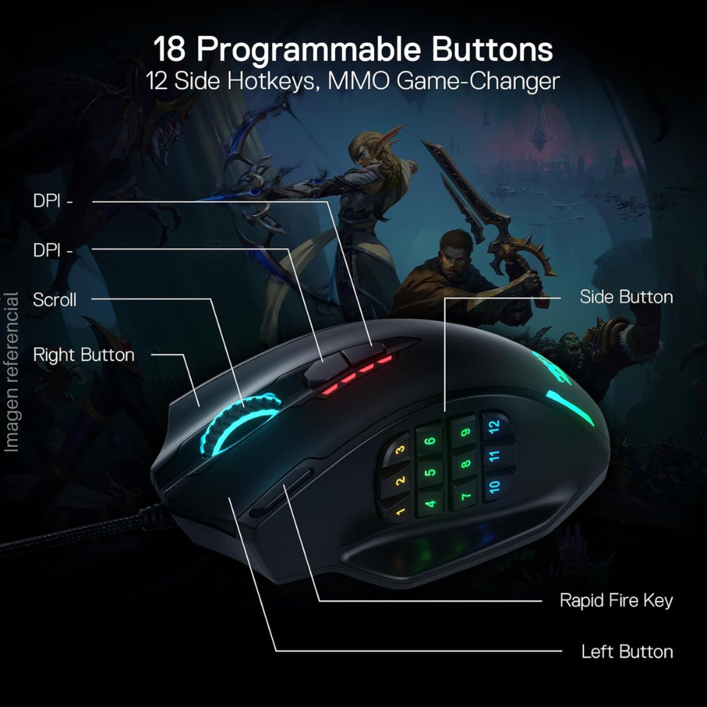 REDRAGON M908 Impact Wired Gaming Mouse, 12400 DPI, 18 Buttons, RGB, Black.
