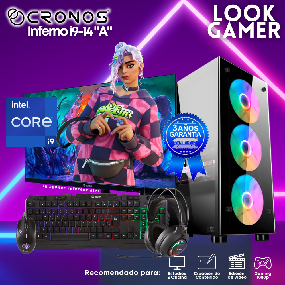 PC Look Gamer CRONOS Inferno i9-14 "A", RAM 8GB DDR5, SSD 500GB, Monitor 24″ FHD.