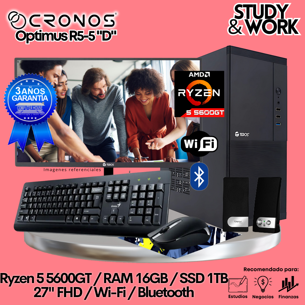 PC CRONOS Optimus R5-5 "D", 16GB RAM, 1TB SSD, 27″ FHD Monitor, Wi-Fi &amp; Bluetooth, Keyboard + Mouse Kit, Speakers or Headphones.