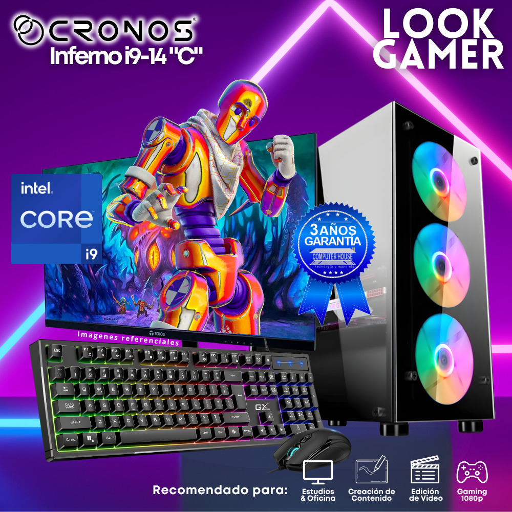 PC Look Gamer CRONOS Inferno i9-14 "C", RAM 16GB DDR5, SSD 1TB, Monitor 27″ FHD.