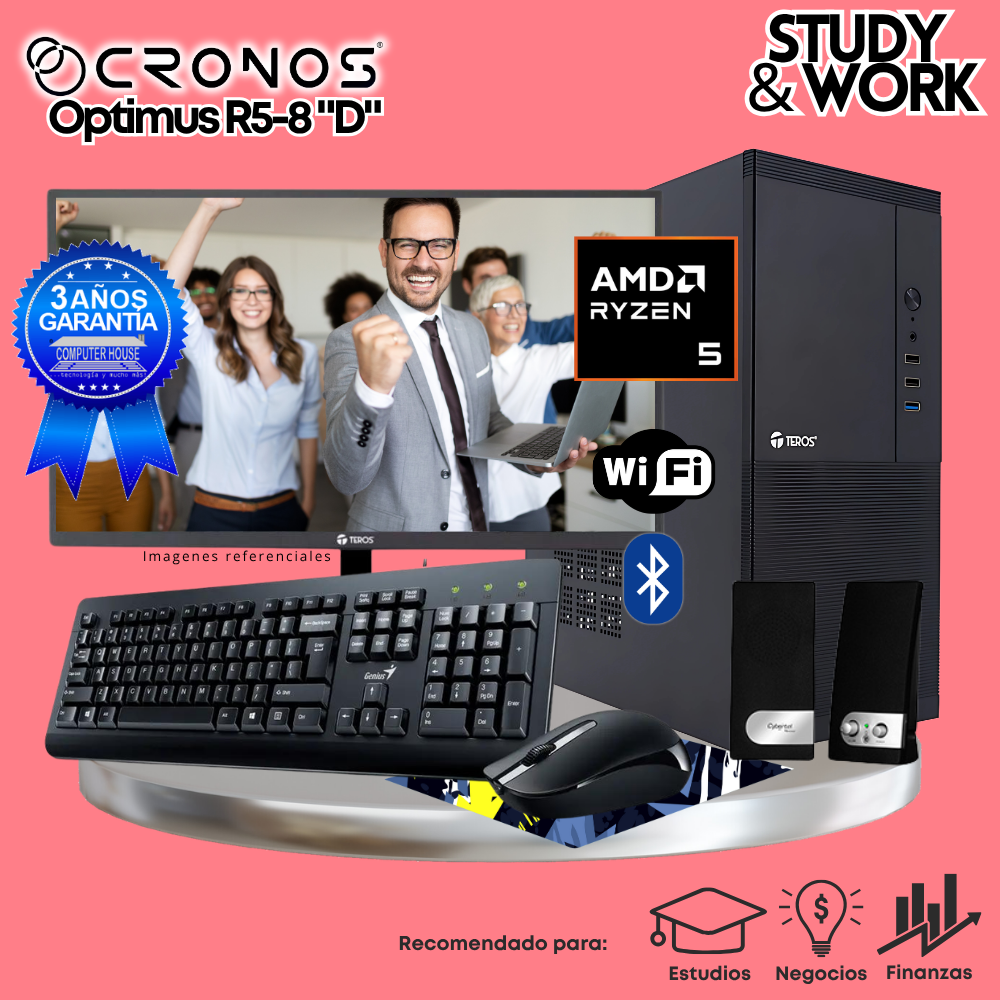 PC CRONOS Optimus R5-8 "D", RAM 16GB DDR5, SSD 1TB, Monitor 27″ FHD, Wi-Fi & Bluetooth, Kit Teclado + Mouse, Parlantes o Audífono.