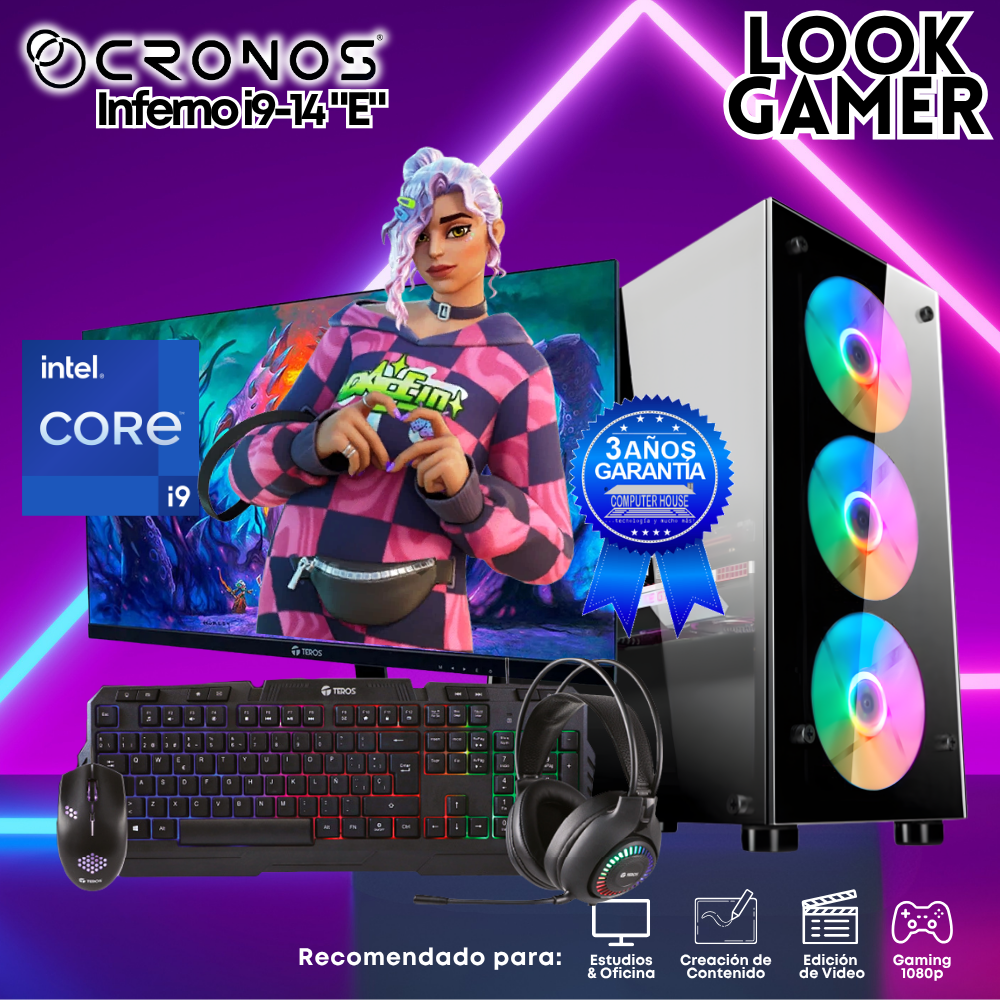 PC Look Gamer CRONOS Inferno i9-14 "E", RAM 8GB DDR5, SSD 500GB, Monitor 24″ FHD.