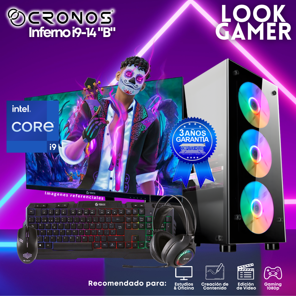 PC Look Gamer CRONOS Inferno i9-14 "B", RAM 16GB DDR5, SSD 500GB, Monitor 24″ FHD.
