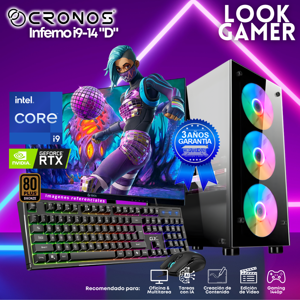 PC Look Gamer CRONOS Inferno i9-14 "D", RAM 16GB DDR5, SSD 500GB, Nvidia GeForce RTX3050 6GB, Monitor 27″ FHD.
