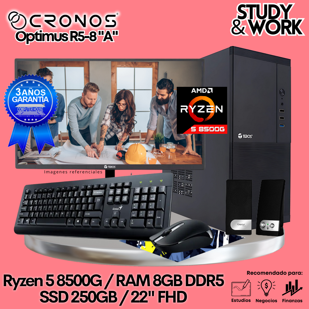 PC CRONOS Optimus R5-8 "A", 8GB DDR5 RAM, 250GB SSD, 22″ FHD Monitor, Keyboard + Mouse Kit, Speakers or Headphones.