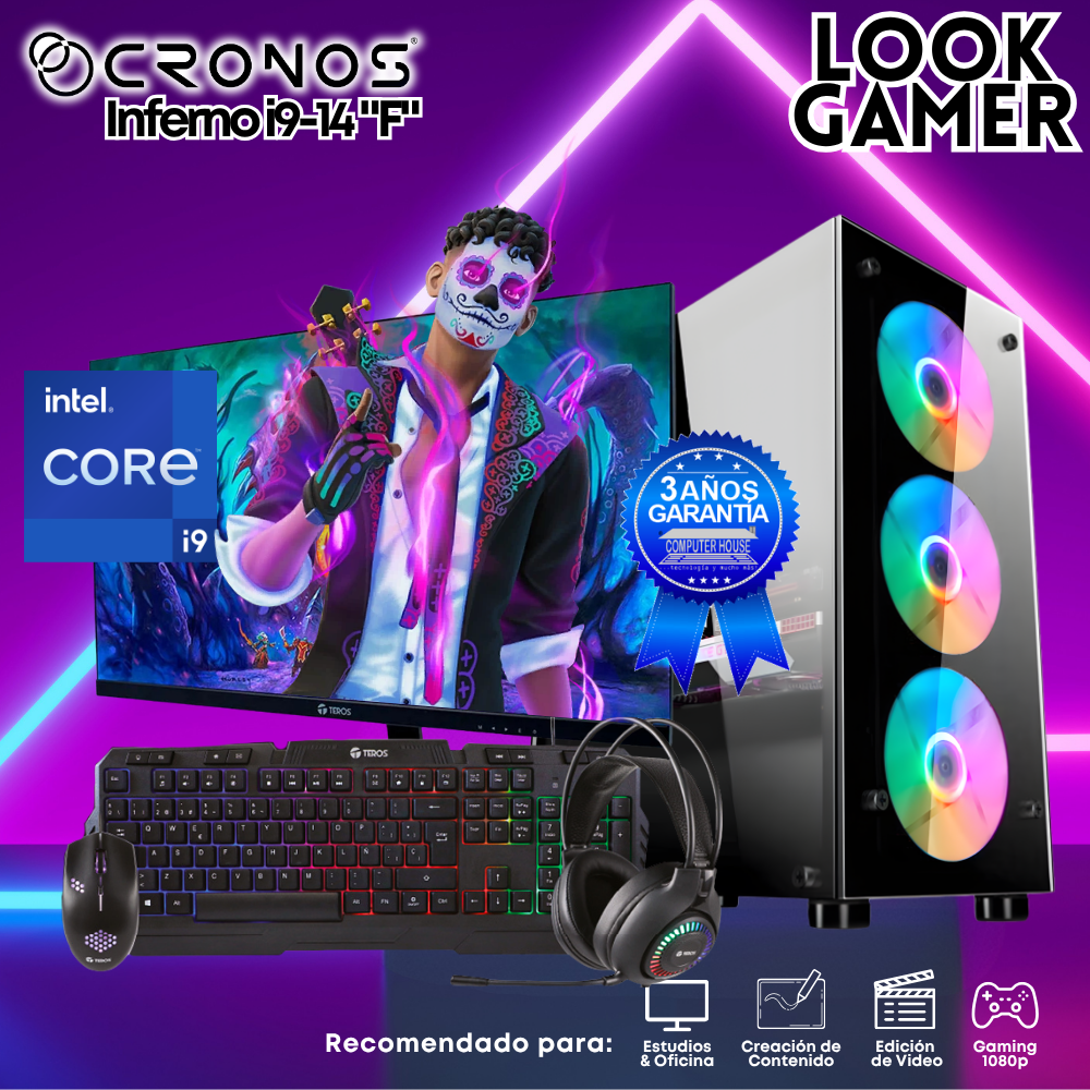 PC Look Gamer CRONOS Inferno i9-14 "F", RAM 16GB DDR5, SSD 500GB, Monitor 24″ FHD.