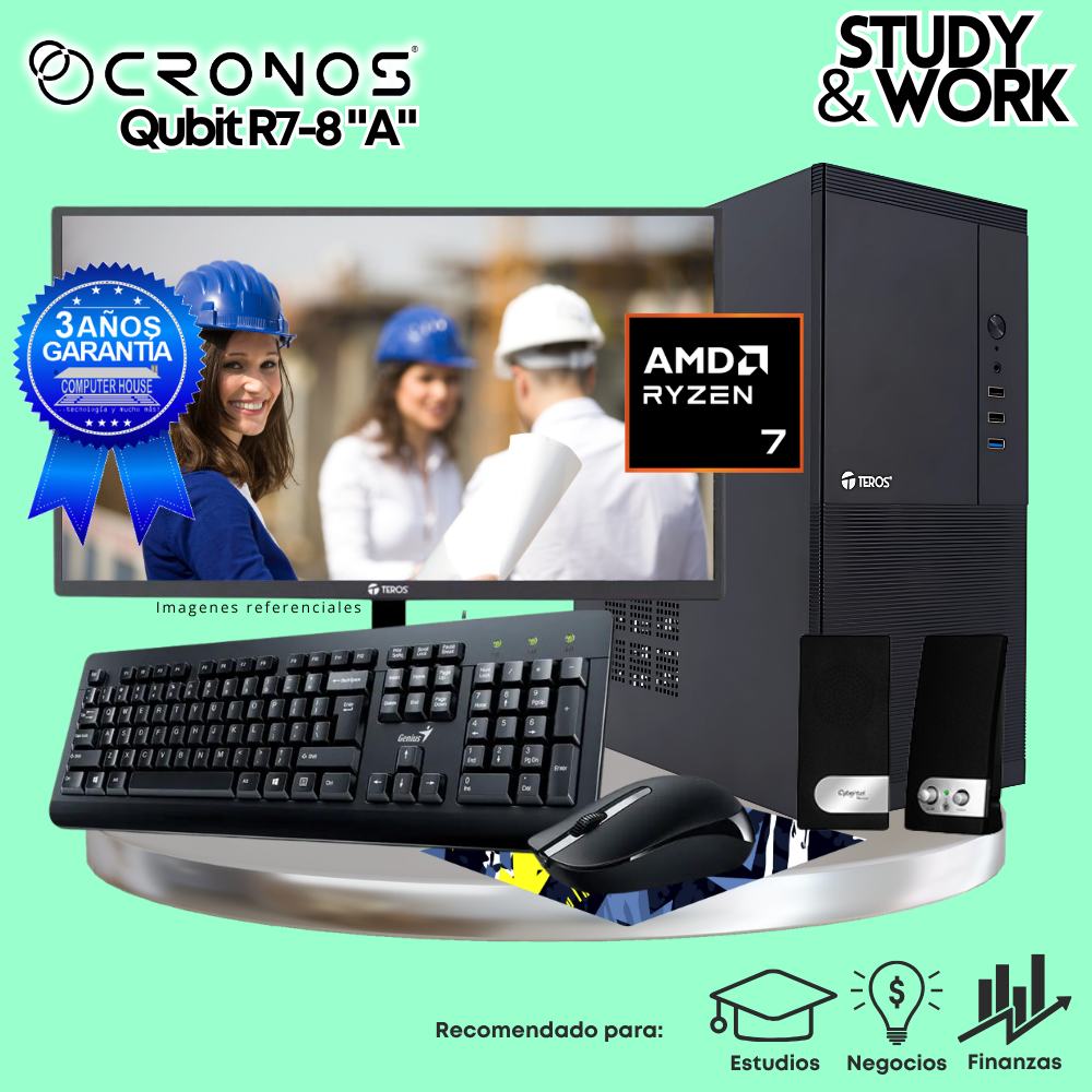 PC CRONOS Qubit R7-8 "A", RAM 8GB DDR5, SSD 500GB, Monitor 24″ FHD, Kit Teclado + Mouse, Parlantes o Audífono.