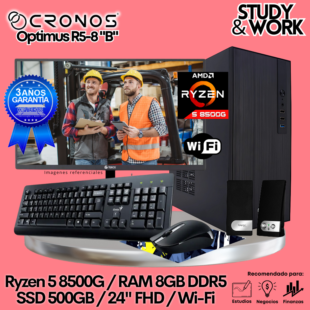 PC CRONOS Optimus R5-8 "B", 8GB DDR5 RAM, 500GB SSD, 24″ FHD Monitor, Wi-Fi, Keyboard + Mouse Kit, Speakers or Headphones.