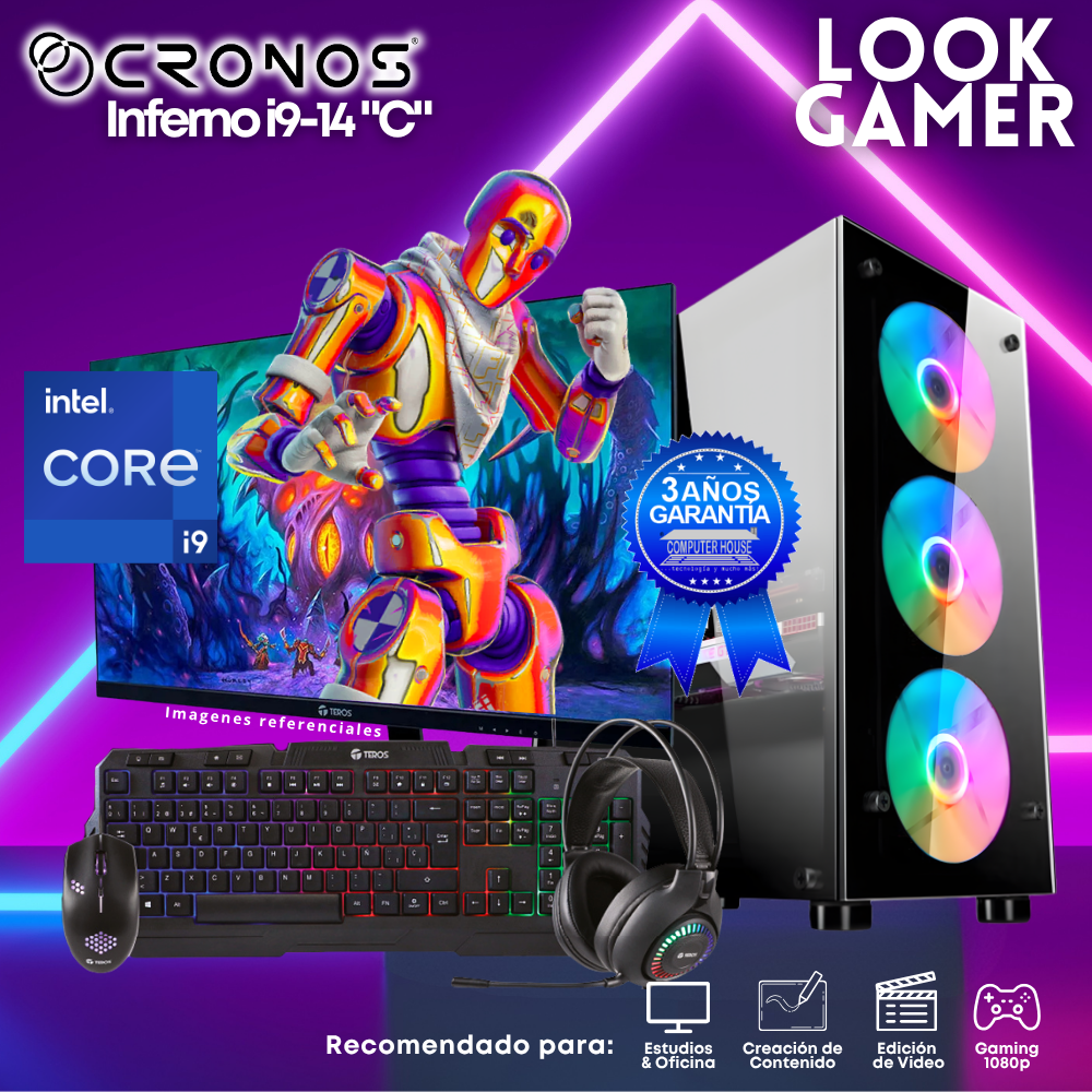 PC Look Gamer CRONOS Inferno i9-14 "C", RAM 16GB DDR5, SSD 1TB, Monitor 27″ FHD.