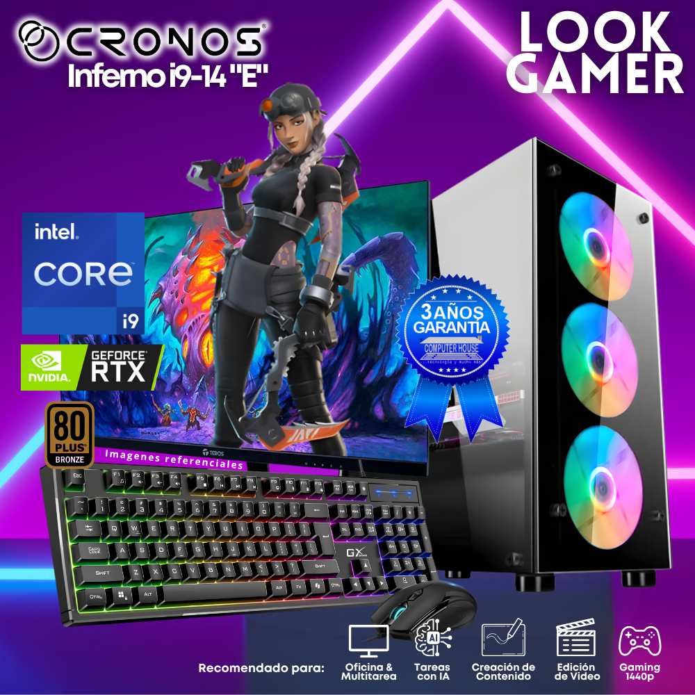 PC Look Gamer CRONOS Inferno i9-14 "E", RAM 16GB DDR5, SSD 1TB, Nvidia GeForce RTX5050 8GB, Monitor 27″ FHD.