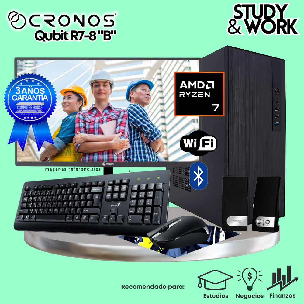 PC CRONOS Qubit R7-8 "B", RAM 8GB DDR5, SSD 500GB, Monitor 24″ FHD, Wi-Fi, Kit Teclado + Mouse, Parlantes o Audífono.