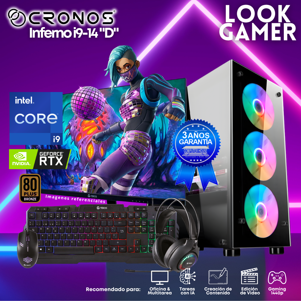 PC Look Gamer CRONOS Inferno i9-14 "D", RAM 16GB DDR5, SSD 500GB, Nvidia GeForce RTX3050 6GB, Monitor 27″ FHD.