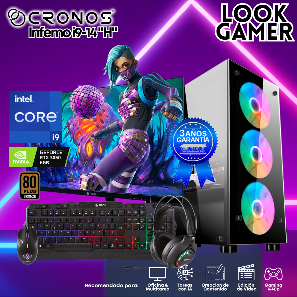 PC Look Gamer CRONOS Inferno i9-14 "H", RAM 16GB DDR5, SSD 500GB, RTX3050 6GB, Monitor 27″ FHD.